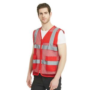 Áo Phản Quang Bảo Hộ Màu Đỏ 4 Sọc Vải Lưới Có Túi Khóa - APQ0012